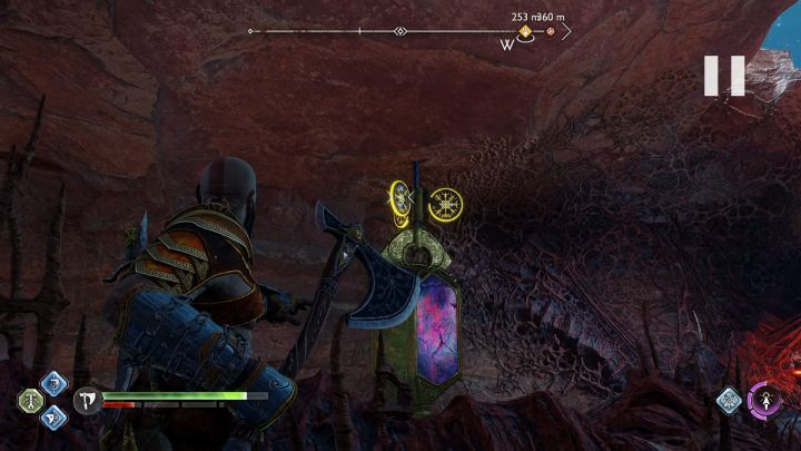 Throw the axe at the crystal on the right side of the cave and remove all 3 nodes - God of War Ragnarok: The Forbidden Sands, Alfheim - secrets, collectibles - Alfheim - God of War Ragnarok Guide