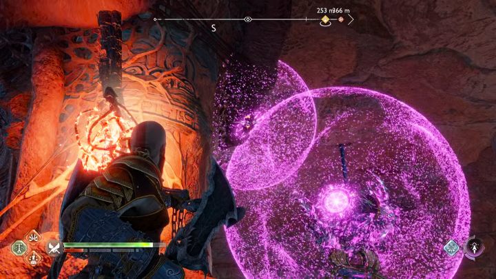 Fire a few Sigil Arrows at the node on the 2nd crystal and a few arrows at the rock next to it - God of War Ragnarok: The Forbidden Sands, Alfheim - secrets, collectibles - Alfheim - God of War Ragnarok Guide
