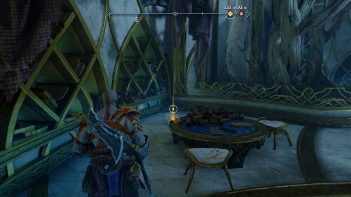 The scroll is on the table to the left of the statue in the main hall - God of War Ragnarok: The Forbidden Sands, Alfheim - secrets, collectibles - Alfheim - God of War Ragnarok Guide
