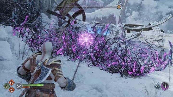 As you pass under the remains of a statue, there are vines to the right - God of War Ragnarok: Shores of Nine, Midgard - secrets, collectibles - Midgard - God of War Ragnarok Guide