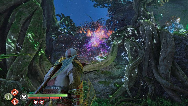 In order to open the chest you have to hurl the axe at the shields - God of War Ragnarok: The Southern Wilds, Vanaheim - secrets, collectibles - Vanaheim - God of War Ragnarok Guide