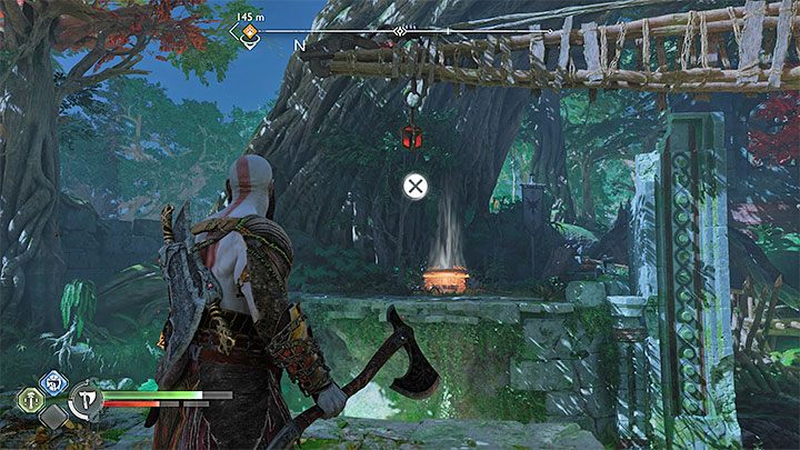 Rotate the crane until you can grab its handle and use it to reach the shelf with the legendary chest - God of War Ragnarok: The Abandoned Village, Vanaheim - secrets, collectibles - Vanaheim - God of War Ragnarok Guide