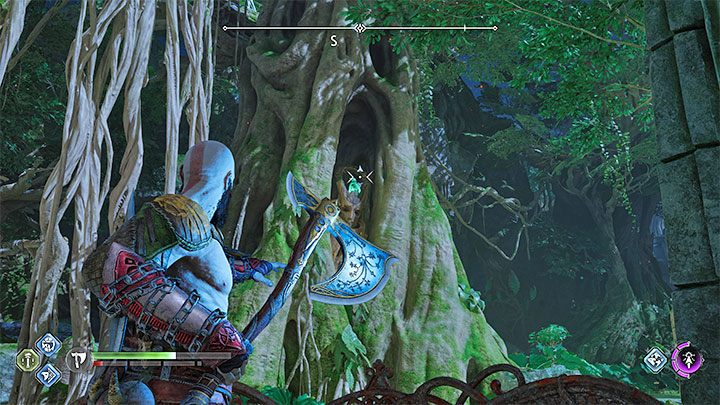 Raven hides inside a large tree in the village - God of War Ragnarok: The Abandoned Village, Vanaheim - secrets, collectibles - Vanaheim - God of War Ragnarok Guide
