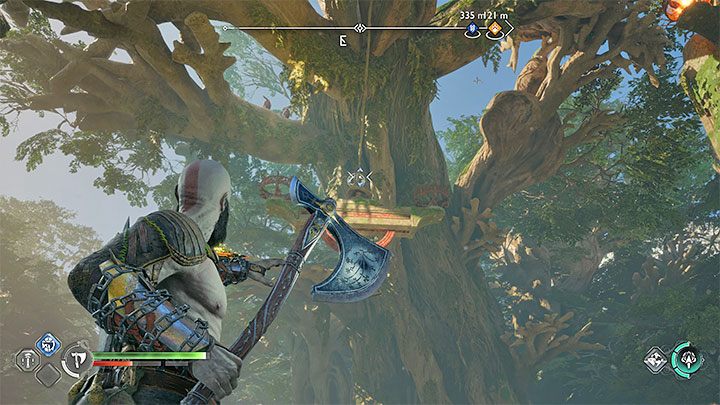 The next step is to free the hanging platform - you need to hurl the axe at the hitch in the picture - God of War Ragnarok: Pilgrims Landing, Vanaheim - secrets, collectibles - Vanaheim - God of War Ragnarok Guide