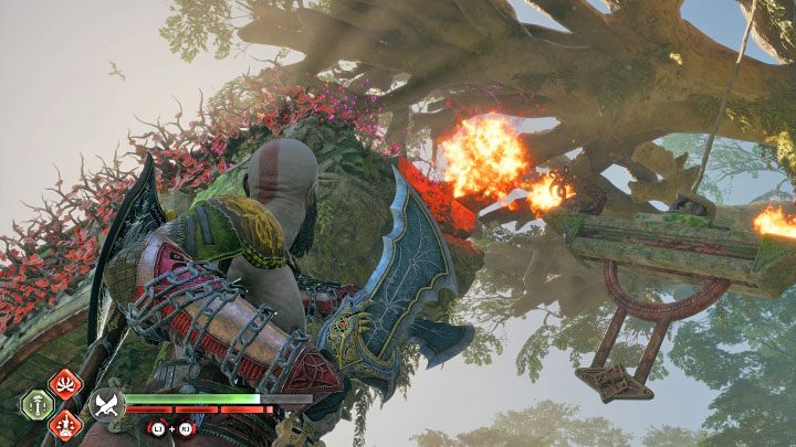 Again, use the Blades to grab the platform and swing it to the left - God of War Ragnarok: Pilgrims Landing, Vanaheim - secrets, collectibles - Vanaheim - God of War Ragnarok Guide