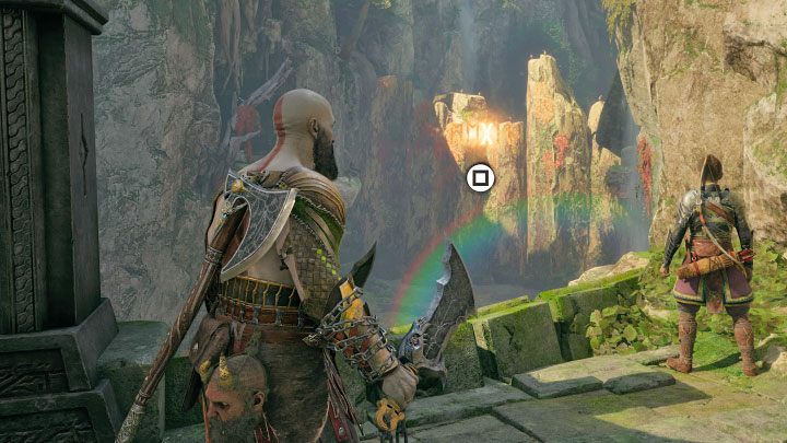 Wait for the icon to appear - press Square - and a rune will be uttered and a pathway will be unlocked - God of War Ragnarok: Unlocking the gate to southern Vanaheim (Cliffside Ruins) - Completing 100% of maps - God of War Ragnarok Guide