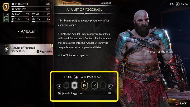 Repairing damaged slots in the Amulet of Yggdrasil requires special items, Jewels of Yggdrasil - God of War Ragnarok: Acquiring crafting ingredients - Character development - God of War Ragnarok Guide