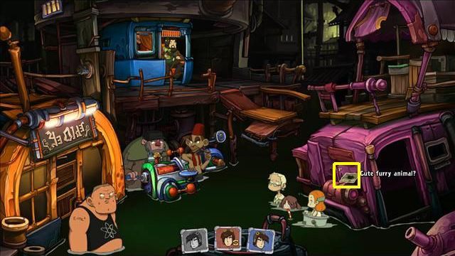 Return to the green Rufus and as he supports you on the bridge - Putting children to sleep | To rescue Goal and Deponia in Goodbye Deponia - To rescue Goal and Deponia - Goodbye Deponia Guide