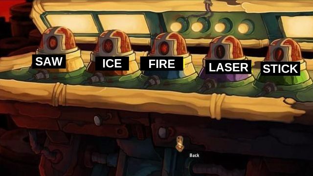 Pick up the Yin and place it in the recess - Find out where you are | Hell? in Goodbye Deponia - Hell? - Goodbye Deponia Guide