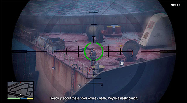 Wait for the game to cut to Franklin and take the vantage point near the stairs - 32: The Merryweather Heist - the Freighter variant - Main missions - Grand Theft Auto V Game Guide