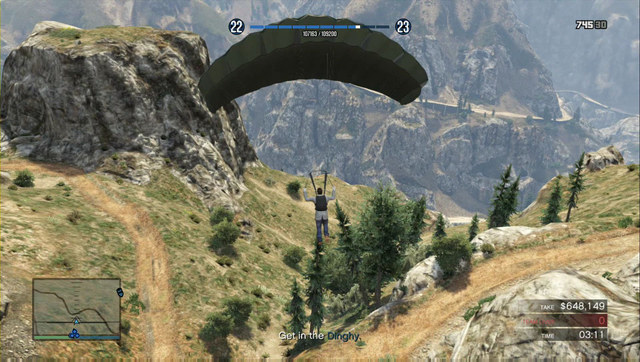 Release the parachute immediately - otherwise, you land too early and you will have to run towards the pontoon - Heist 5: Pacific Standard - Heists (DLC) - GTA 5 Guide