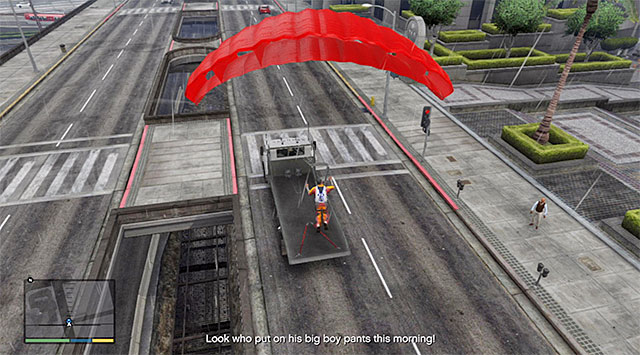 The mission proper is very short and it assumes landing on the flatbed of the truck shown in the screenshot, after jumping off the skyscrapers roof - Targeted Risk - Strangers and Freaks missions - GTA 5 Guide