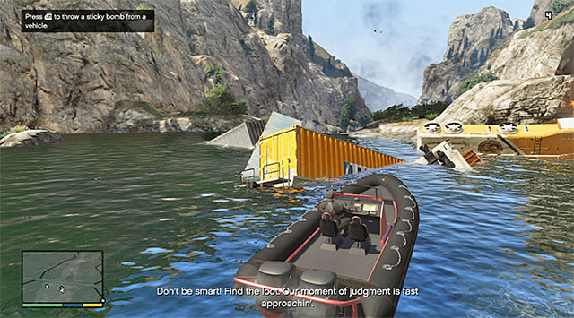 Wait until you cut to Michael and set out, on the boat (Nagasaki Dinghy), towards the more distant of the two bridges that you can see in the distance - 55: Derailed - Main missions - Grand Theft Auto V Game Guide