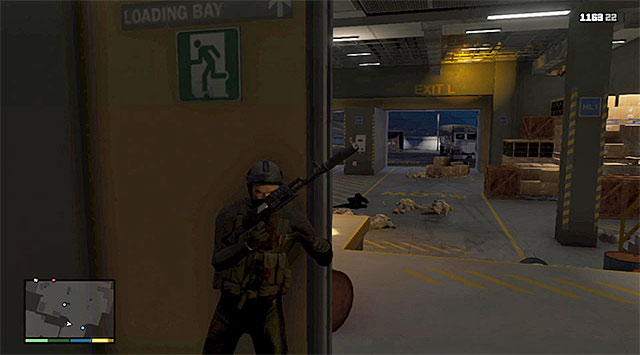 Watch out for the soldiers who guard the buildings exit - 56: Monkey Business - Main missions - Grand Theft Auto V Game Guide