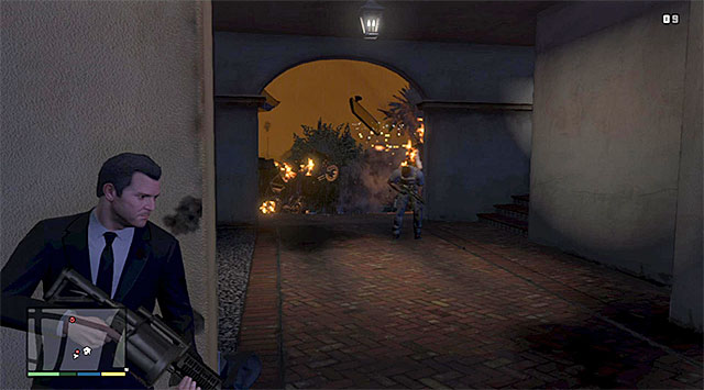 It is a good idea to blow up cars in the driveway - 73: Meltdown - Main missions - Grand Theft Auto V Game Guide
