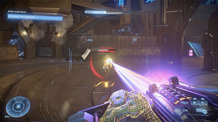 The enemy has a white shield bar and as you know well, you have to drain it completely in order to finally be able to start depriving the boss of the red health bar - Halo Infinite: Silent Auditorium - walkthrough - Main missions - Halo Infinite Guide