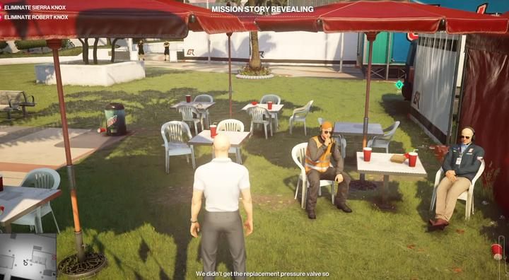 Eavesdrop men at food booths. - Story Missions | The Finish Line Mission in Hitman 2 - The Finish Line (Miami) - Hitman 2 Guide