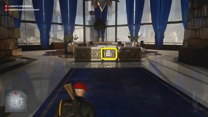 Once both men are seated on the couch (point 39 on the map) and the guards have been asked to leave, sneak over to the control panel and activate the secure room - Hitman 3: How The Mighty Fall - Dubai, Mission Stories, walkthrough - On Top of the World - Dubai - Hitman 3 Guide