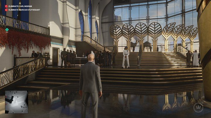 When you are inside the Burj Al-Ghazali, go to the upper floor, head to the stairs on the left and walk through the crowd to the bar area (point 12 on the map) - Hitman 3: (In)Security - Dubai, Mission Stories, walkthrough - On Top of the World - Dubai - Hitman 3 Guide