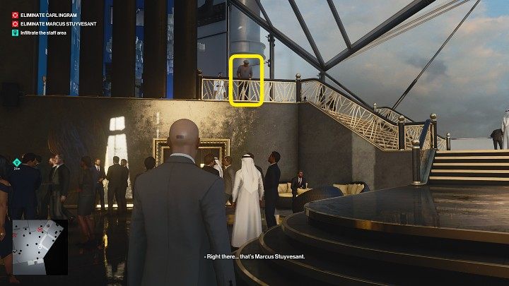 Once you are in the bar area, wait a moment and Marcus Stuyvesant will appear - Hitman 3: (In)Security - Dubai, Mission Stories, walkthrough - On Top of the World - Dubai - Hitman 3 Guide