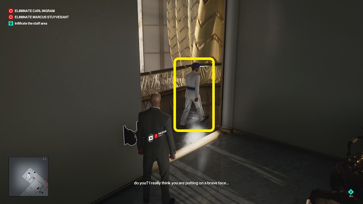 Turn around and turn left as you pass one guard - Hitman 3: (In)Security - Dubai, Mission Stories, walkthrough - On Top of the World - Dubai - Hitman 3 Guide