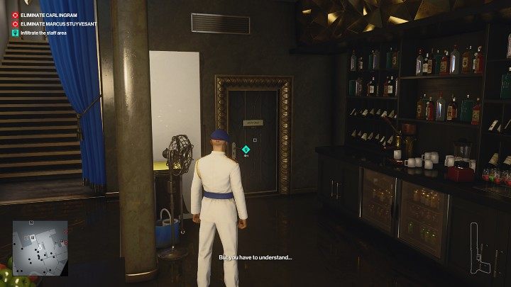 After getting the disguise, go down to the bar area (point 12 on the map) and turn left when you reach the bar, then go through the door to the staff area - Hitman 3: (In)Security - Dubai, Mission Stories, walkthrough - On Top of the World - Dubai - Hitman 3 Guide
