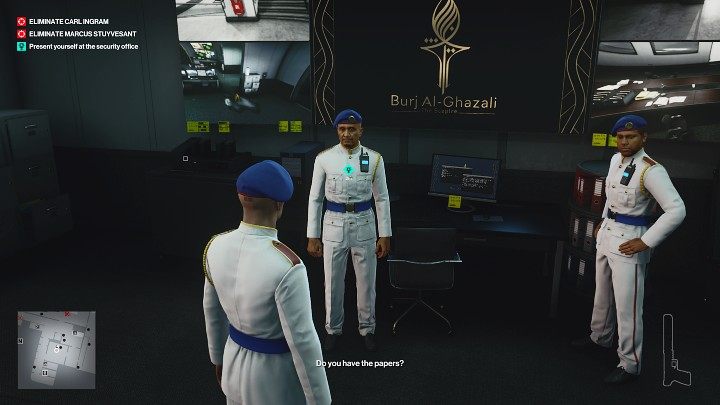 After getting the transfer papers, you can return to the security room (point 13 on the map) where you overheard Marcus' conversation earlier - Hitman 3: (In)Security - Dubai, Mission Stories, walkthrough - On Top of the World - Dubai - Hitman 3 Guide