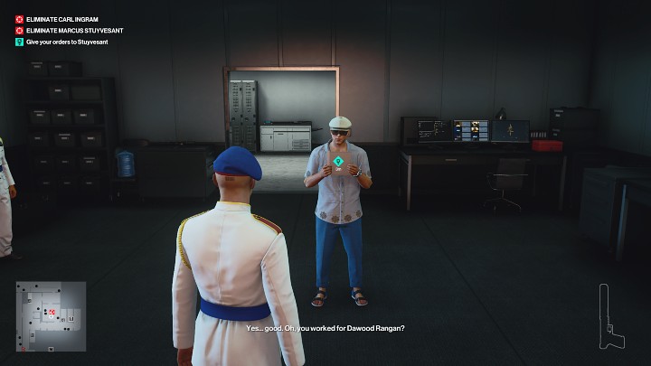 When Marcus shows up in the office, hand him the documents you collected earlier and then follow him when asked - Hitman 3: (In)Security - Dubai, Mission Stories, walkthrough - On Top of the World - Dubai - Hitman 3 Guide