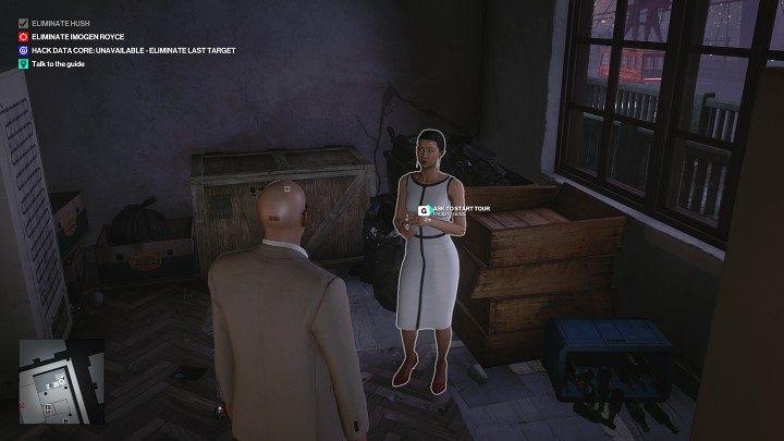 Exit the bathroom, go through the kitchen and talk to the woman who will show you around the facility - Hitman 3: Certainty Principle - Chongqing, Mission Stories, solution - End Of An Era - Chongqing - Hitman 3 Guide