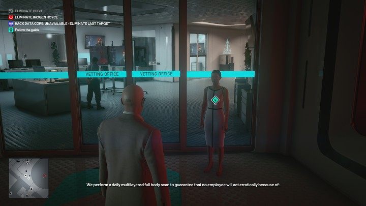 When the woman informs you that they perform a multi-layered full-body scan every day, you will have to make sure that your true identity is not discovered by the AI - Hitman 3: Certainty Principle - Chongqing, Mission Stories, solution - End Of An Era - Chongqing - Hitman 3 Guide