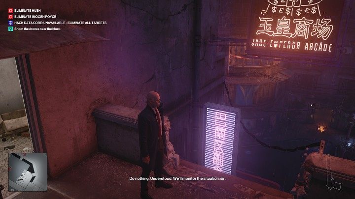 Once the guards are no longer suspicious, go outside, lower yourself in the spot shown in the image above, and move to the right side to the gutter - Hitman 3: All-Seeing Eyes - Chongqing, Mission Story, walkthrough - End Of An Era - Chongqing - Hitman 3 Guide