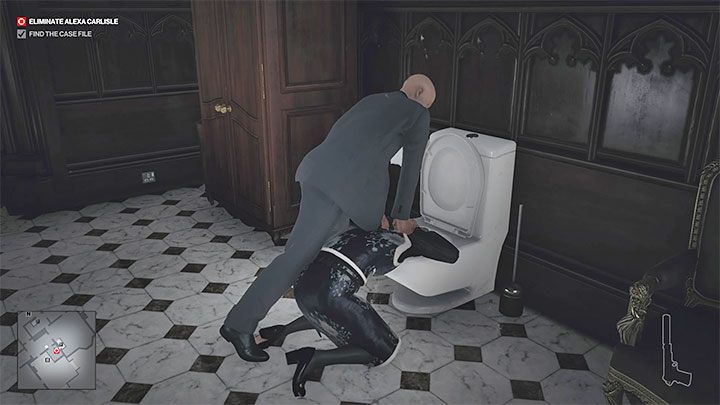 After Alexa drinks the poisoned whiskey, head to the bathroom(point 18 on the map) - Hitman 3: Assassinating Alexa Carlisle - Death in the Family - Dartmoor - Hitman 3 Guide