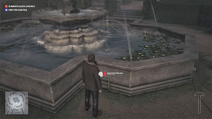 Now find the valve at the base of the fountain and sabotage it to get it to leak next to the damaged extension cord - Hitman 3: A Day to Remember - Dartmoor, Mission Stories, walkthrough - Death in the Family - Dartmoor - Hitman 3 Guide