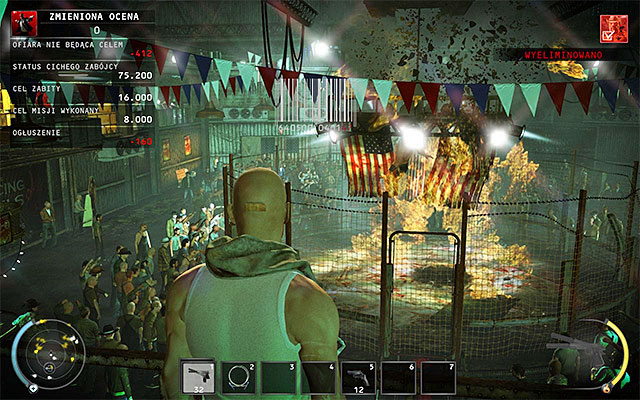 Throw the remote explosive or C4 bricks inside the cage, where Sanchez fights with Patriot - The Arena - Murdering Sanchez in traditional way - 13: Fight Night - Hitman: Absolution - Game Guide and Walkthrough