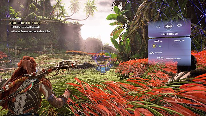 You'll encounter your first machines - the game will suggest you to scan them (hold down the right analog stick) - Horizon Forbidden West: Reach for the Stars - walkthrough - Main Storyline - Horizon Forbidden West Guide