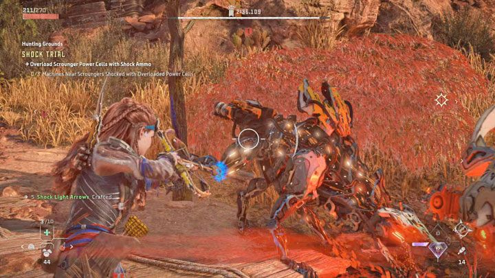 From the previous trial, you should remember that the Scroungers have Power Cells in the back - Horizon Forbidden West: Hunting Grounds: The Daunt - walkthrough - Hunting grounds - Horizon Forbidden West Guide