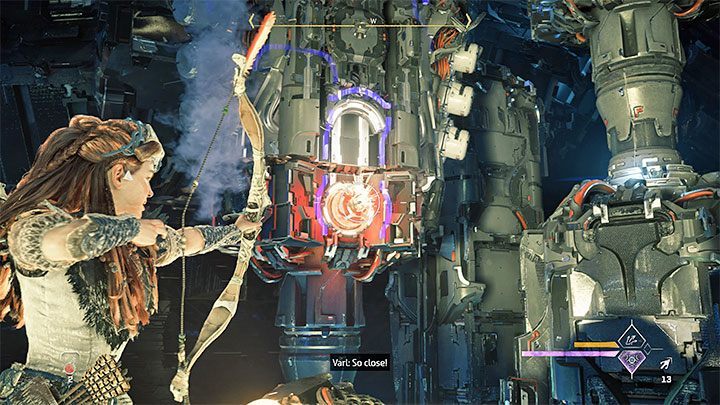 Stepping on the plate will slow down the big gears, allowing you to shoot the exposed parts with any bow - Horizon Forbidden West: The Dying Lands - walkthrough - Main Storyline - Horizon Forbidden West Guide