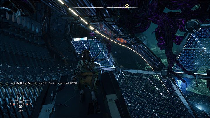 In the final part of the crossing, grab the rail that runs near the ceiling (simply jump on it) to get down to the eastern chamber - Horizon Forbidden West: GEMINI - walkthrough - Main Storyline - Horizon Forbidden West Guide