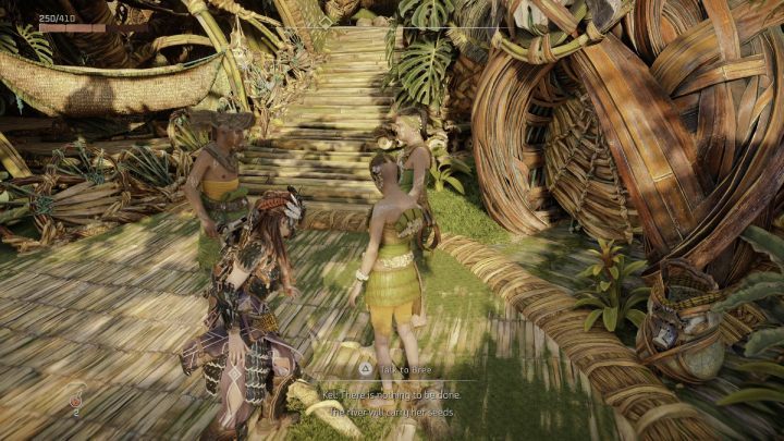 Talk to the group of people by the stairs in the Plainsong settlement, near the outfit merchant - Horizon Forbidden West: The Promontory - walkthrough - Side quests - Horizon Forbidden West Guide