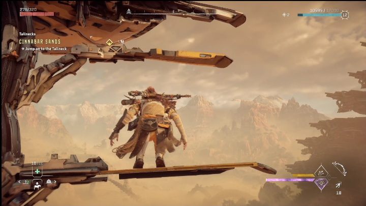 Even if you don't land on the top, you can grab onto the yellow elements behind its head - Horizon Forbidden West: Tallneck (Cinnabar Sands) - location - Cinnabar Sands - Horizon Forbidden West Guide