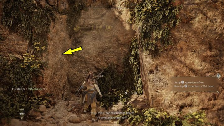Scan your surroundings and jump up when standing by the wall to the left, then quickly press X again to wall jump and reach the beam - Horizon Forbidden West: The Twilight Path - walkthrough - Side quests - Horizon Forbidden West Guide