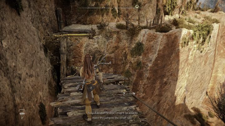 Make a running jump over the broken bridge and move along the rock wall - Horizon Forbidden West: The Twilight Path - walkthrough - Side quests - Horizon Forbidden West Guide