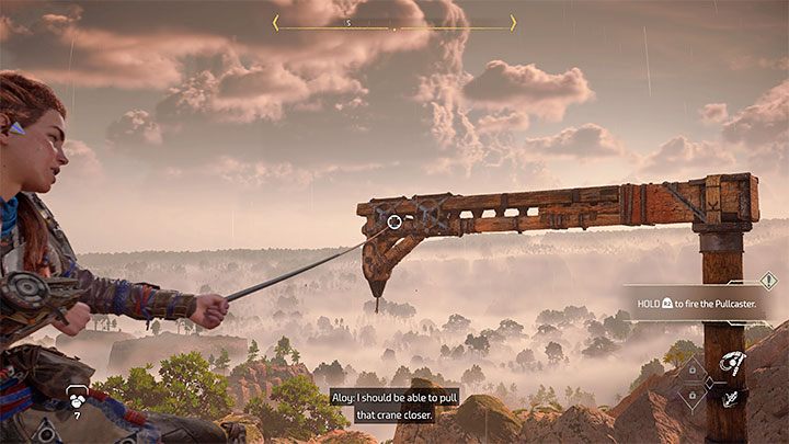 At the top, use the Pullcaster to move the jib shown in the picture - Horizon Forbidden West: The Point of the Lance - walkthrough - Main Storyline - Horizon Forbidden West Guide