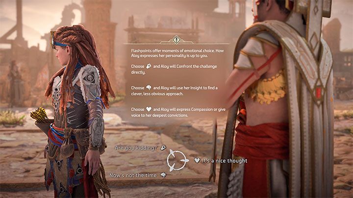 When talking to Avad, you can additionally choose a type of reaction from Aloy that determines her overall attitude towards the man - Horizon Forbidden West: The Point of the Lance - walkthrough - Main Storyline - Horizon Forbidden West Guide