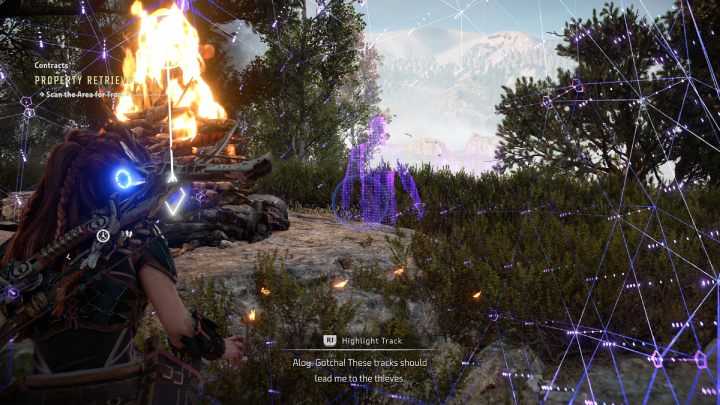 When you get to the designated place, activate Focus and mark the footprints found by the campfire - Horizon Forbidden West: Greenswell - list of all contracts - Salvage Contracts - Horizon Forbidden West Guide