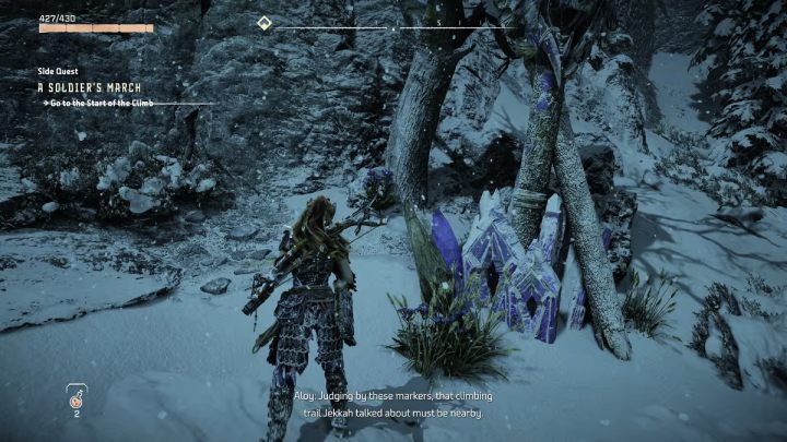 Head west from the Bulwark to the start of the climbing path - Horizon Forbidden West: A Soldiers March - walkthrough - Side quests - Horizon Forbidden West Guide