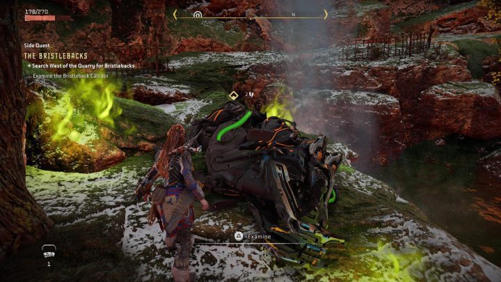 Go to the quarry southwest of the settlement and examine a destroyed machine lying by the river - Horizon Forbidden West: The Bristlebacks - walkthrough - Side quests - Horizon Forbidden West Guide