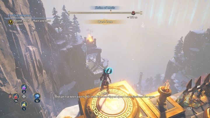 Once you climb up to the very top of the building, walk onto the platform - Immortals Fenyx Rising: Family Emergency - walkthrough - Main missions - Immortals Fenyx Rising Guide