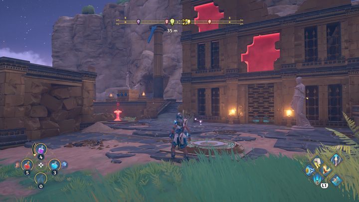 Firstly, near the platform on the left, there is a slightly damaged wall; tear it down, and then step onto the platform with a soldier's helmet symbol - Immortals Fenyx Rising: Chests (Grove of Kleos) - map - Grove of Kleos - Immortals Fenyx Rising Guide