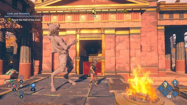 On the left side there is a statue, and there are several stones next to it - Immortals Fenyx Rising: Chests (Clashing Rocks) - map - Clashing Rocks - Immortals Fenyx Rising Guide